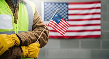 American worker with usa flag in hands wearing safety vest and gloves standing in front of a blurred background with american flag