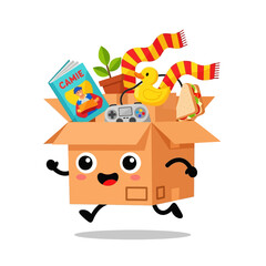 Fototapeta premium Happy Cardboard Box Character Running with Packed Belongings