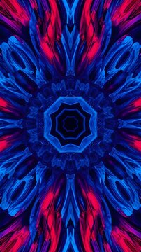Abstract blue rose kaleidoscope pattern with hypnotic symmetry creating dreamlike psychedelic texture featuring vibrant neon color geometric fractal mandala background design for artistic digital