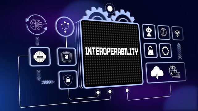 Tech interoperability concept for seamless data exchange, cross platform system integration and global network connectivity