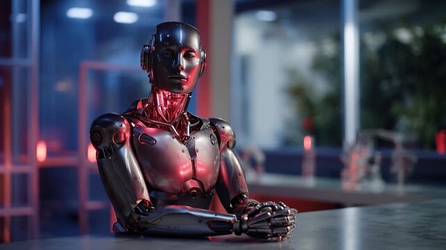 Red glow illuminates sleek metallic robot