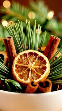 Festive Holiday Arrangement with Dried Orange Slice Cinnamon Sticks and Evergreen Branches - Cozy Winter Decor for Seasonal Marketing Design