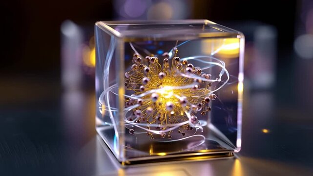 Glass cube holds glowing, swirling energy