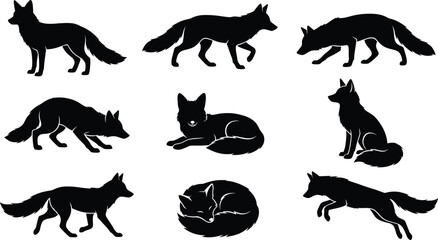 Naklejka premium Black fox silhouettes in various poses including jumping, sitting, running, and sleeping, isolated on white background vector illustration