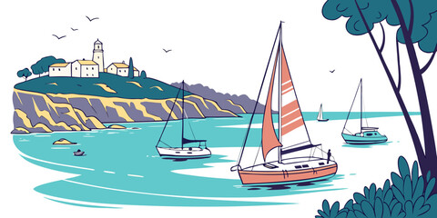 Serene harbor bay panorama with colorful sailboats anchored near a picturesque coastal town on a sunny day. © NAHID 