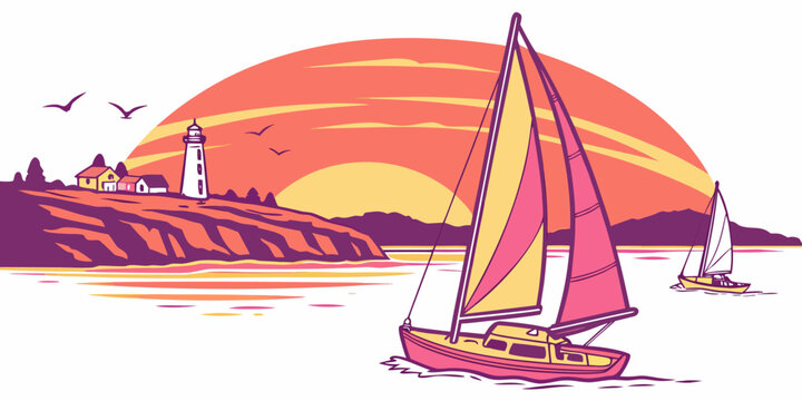 Sailing boats in harbor bay with lighthouse at sunset, colorful gradient illustration
