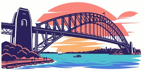 Vibrant illustration of Sydney Harbour Bridge at sunset with vivid blue bay and orange sky, perfect for travel and tourism themes. © NAHID 