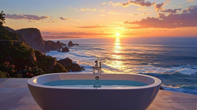 A luxurious white bathtub overlooking the ocean at sunset, creating a serene and relaxing atmosphere.