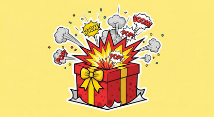 Surprise gift box explosion with comic boom and bang effects on yellow background © Ghulam