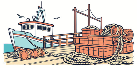 Fishing boat docked at a harbor with crates and ropes on the pier, seagulls flying overhead, nautical scene. © NAHID 