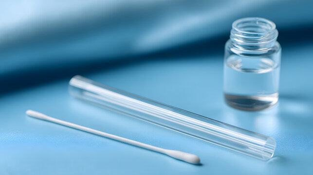 Sterile swab kit sealed tube vial test sample medical cotton swab on blue surface clinical specimen collection