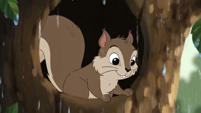 A cartoon squirrel peeking out from a tree hole in the rain with a curious expression on its face.