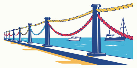 Harbor dock with colorful ropes and vivid blue sea, boats moored at a marina with nautical ropes and posts.