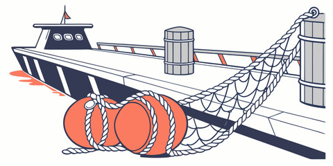 Illustration of a harbor dock with fishing nets and orange buoys on a moored boat, nautical scene. © NAHID 