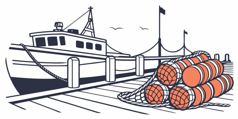 Fishing boat docked at harbor with orange buoys and nets on wooden pier, seagulls flying overhead. © NAHID 