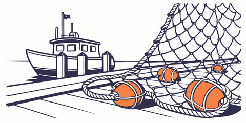 Illustration of a harbor dock with fishing nets and orange buoys alongside a boat © NAHID 