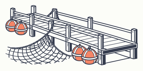 Illustration of a harbor dock with fishing nets and orange buoys moored. © NAHID 