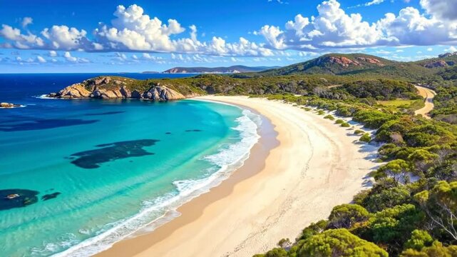 Aerial view of a pristine beach with turquoise waters, white sand, and lush green vegetation under a blue sky.