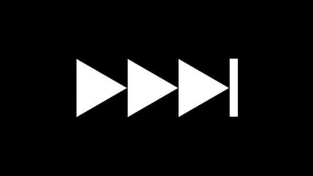 White triple arrow fast-forward and skip to end media player interface button icon isolated on a black background for video editing, multimedia projects, and digital playback control.
