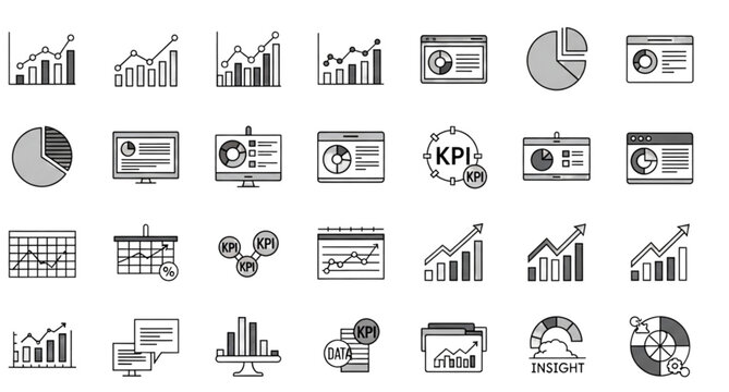 A collection of black and white line art vector icons depicting various business analytics and data visualization concepts
