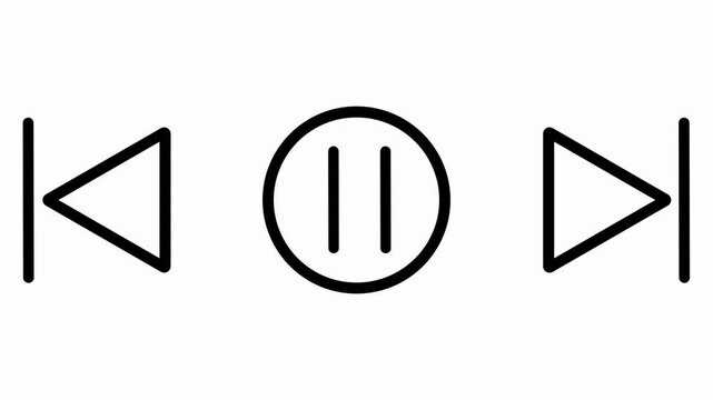 Minimalist Multimedia Control Interface: Abstract Black Line Art Media Player Icons (Play, Pause, Skip, Forward, Back) on Vibrant Neon White Background for Digital App UX/UI Design & Video Production