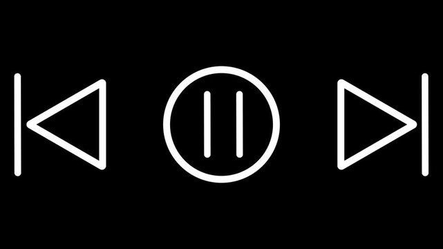 Minimalist Multimedia Control Interface: Abstract White Line Art Media Player Icons (Play, Pause, Skip, Forward, Back) on Vibrant Neon Black Background for Digital App UX/UI Design & Video Production