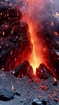 Fiery Volcanic Eruption - Molten Lava Sparks and Rocks Burst from a Darkened Crater in Dramatic Display of Earth s Power