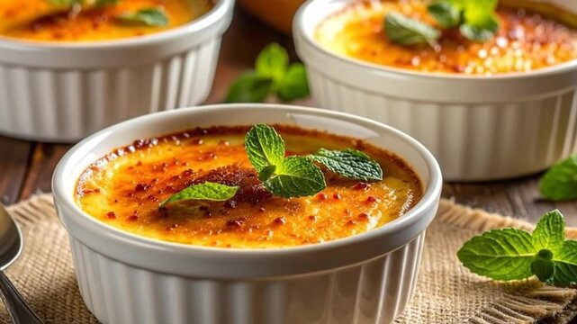 Delicious cr�me br�l�e desserts with fresh mint leaves, served in white ramekins on a wooden table.