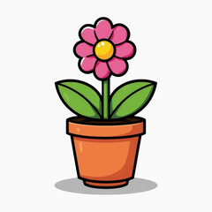 Fototapeta premium A colorful cartoon illustration of a pink flower in a terracotta pot with green leaves on a white background