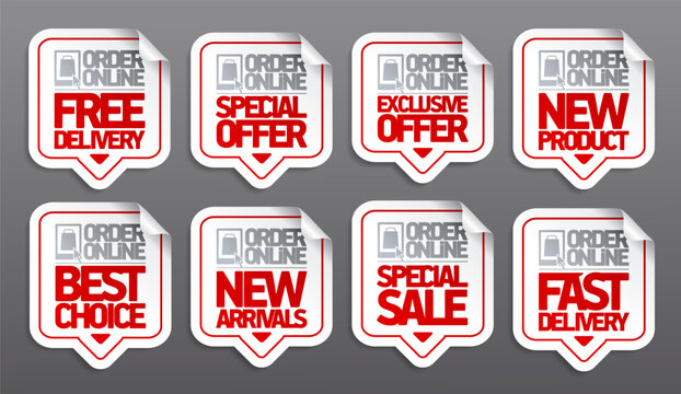 Order online stickers set - free and fast delivery, special offer, exclusive offer, new product, best choice, new arrivals and special sale