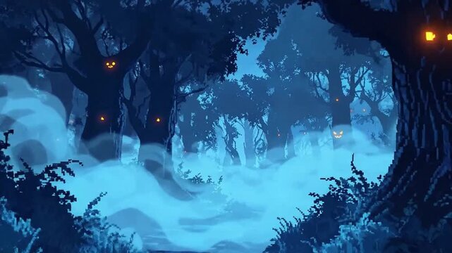 Enchanting pixel art forest scene with glowing eyes in the trees, creating a spooky atmosphere.