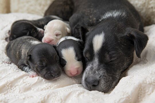 Sleeping newborn puppies with mother dog.