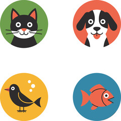 Cute Cartoon Animal Icons Set: Cat Dog Bird Fish in Circles
