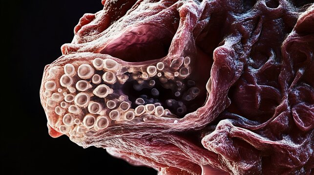 Cancer cells releasing exosomes into the extracellular environment with a complex network of vesicles and proteins facilitating intercellular communication and signaling.