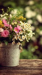 Wildflowers are arranged in a vintage zinc bucket placed on a wooden surface with a soft field background. Ample space is available for text.