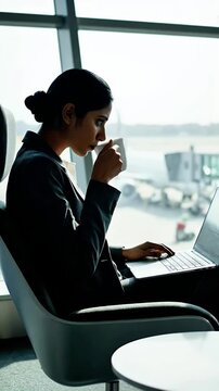 Focused businesswoman working on a laptop and enjoying coffee in an airport lounge showcasing productivity travel and modern business lifestyle