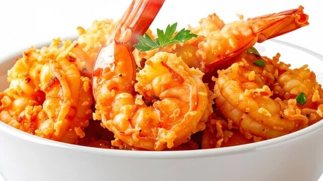 Delicious fried shrimp served in a white bowl, a culinary delight on a white background.