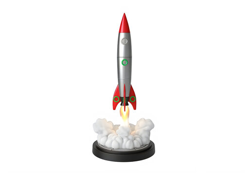 A toy rocket on a launchpad going up isolated on transparent background