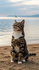 Brown Tabby Cat Sitting on Sandy Beach by Calm Sea