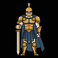 Fototapeta premium Mighty Spartan warrior in golden armor with sword and blue cape, standing strong