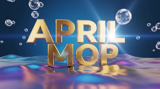 Golden 'APRIL MOP' 3D text with bubbles on blue background