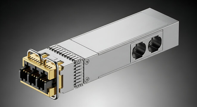  Professional High Speed Fiber Optic Transceiver Module with Quad SFP Connectors for Advanced Data Center Networking Industrial Ethernet Communication Hardware Equipment Isolated on Dark Background