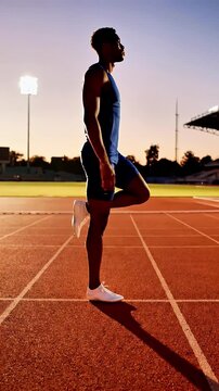 Focused male athlete stretches on a track at dusk silhouetted against a vibrant sunset sky preparing for a race with determination and athletic prowess