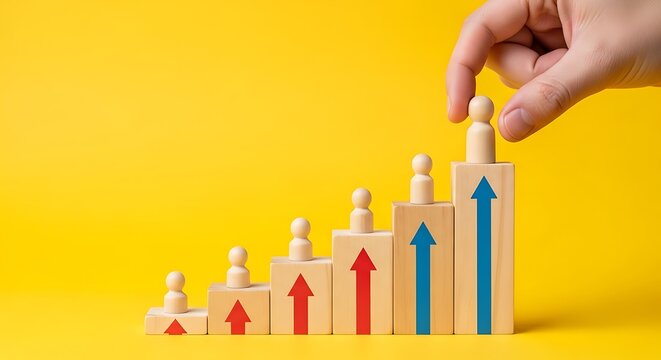 growth, success, career, business, leadership, development, upward, progress, achievement, figure, wooden, block, staircase, arrow, hand, placing, concept, goal, improvement, promotion, management, jo