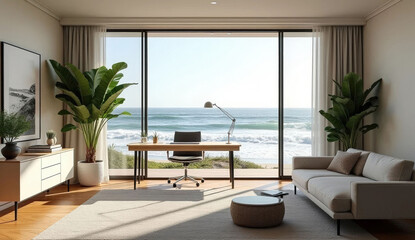 Modern living room with ocean view, featuring a comfortable sofa and rattan chair,Virtual meeting background, ms team background, zoom meeting background, digital background