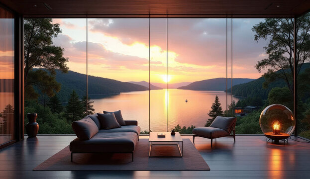 Modern living room with panoramic lake view at sunset,Virtual meeting background, ms team background, zoom meeting background, digital background
