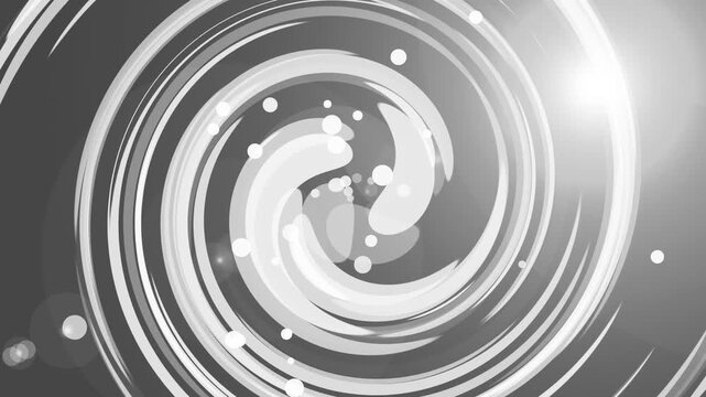 Abstract spiral vortex with light flare and circular bokeh dots background animation, dynamic motion and concentric rings