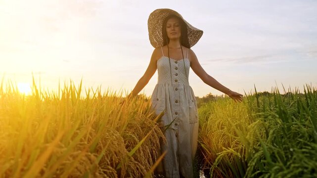 Young woman with long braids wearing a flowing sundress and straw hat walks through a sunlit rice paddy at sunrise, gently touching the plants. Front view shot captures her enjoying freedom, serenity