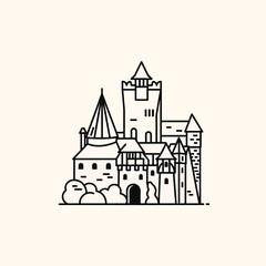 Naklejka premium A black and white line drawing of a fantasy castle with multiple towers and buildings, a gated entrance and simple bushes at the base