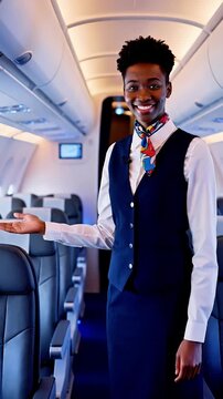 Friendly and professional flight attendant welcomes passengers aboard an airplane in a modern cabin interior conveying safety travel and exceptional customer service